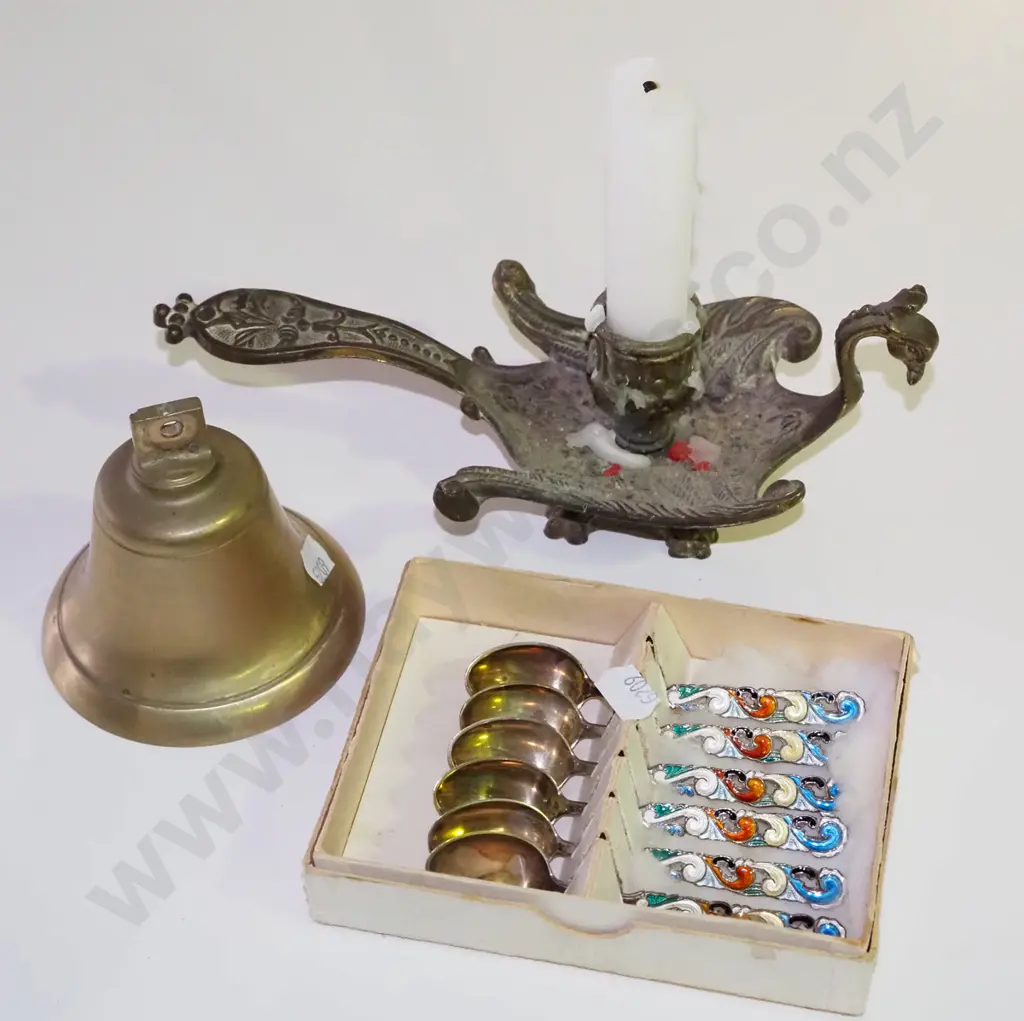 brass bell - no donger, brass candlestick, enamel and plated teaspoons Image 1++