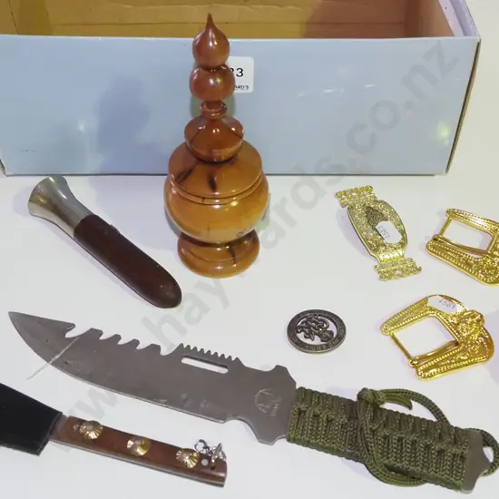 box; duck caller, hunting knife, belt buckles etc