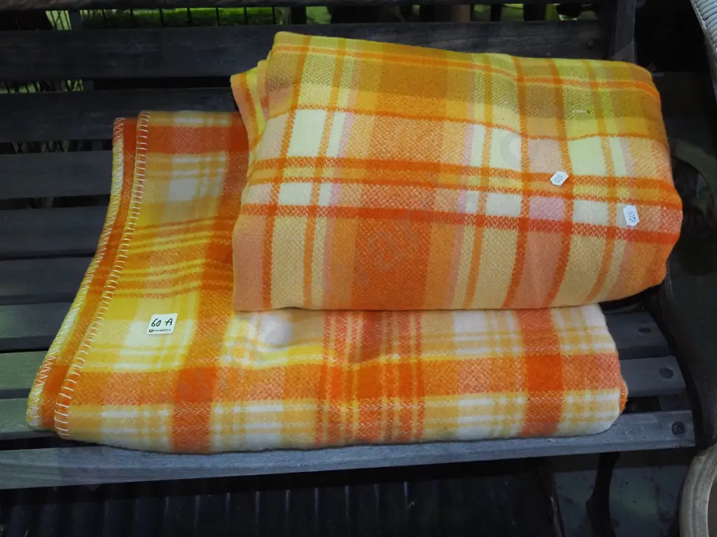 2x orange and yellow checked blankets Image 1++