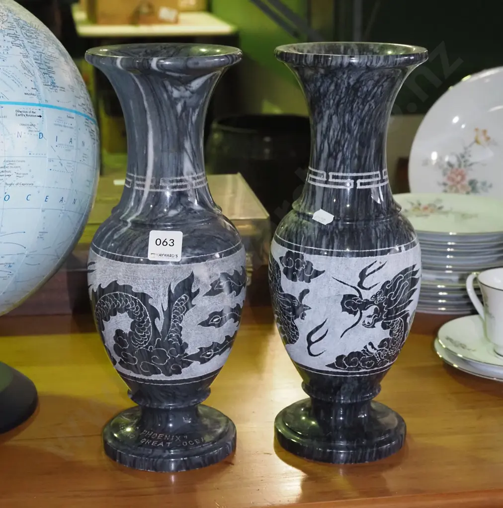 pair of Asian turned and carved stone dragon vases H-330 Image 1++