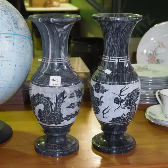 pair of Asian turned and carved stone dragon vases H-330