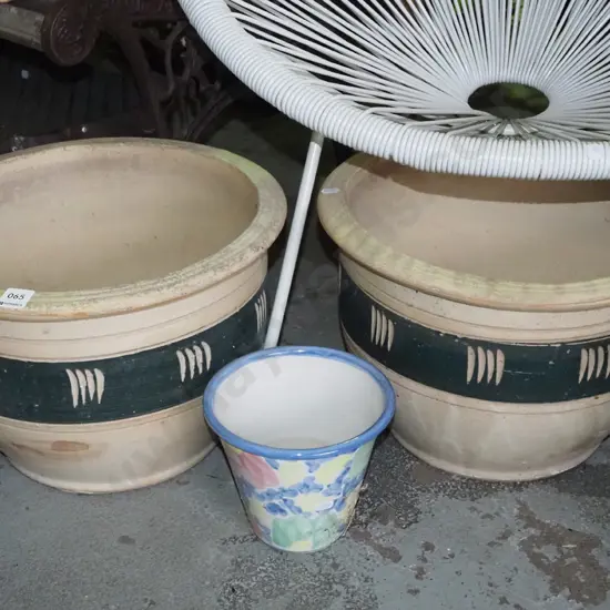 pair of matching cream and green garden planters, 1 small hand painted garden Largest H-250DIam-380
