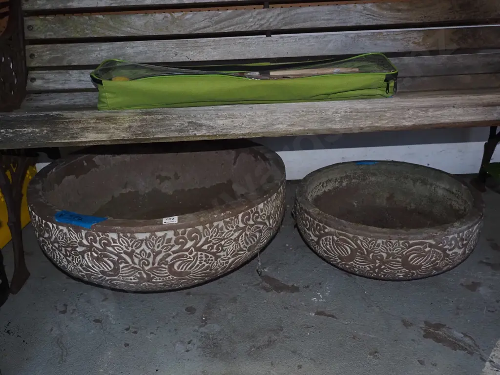 2x circular garden planters with floral details in relief Largest H-240 Diam-550 Image 1++
