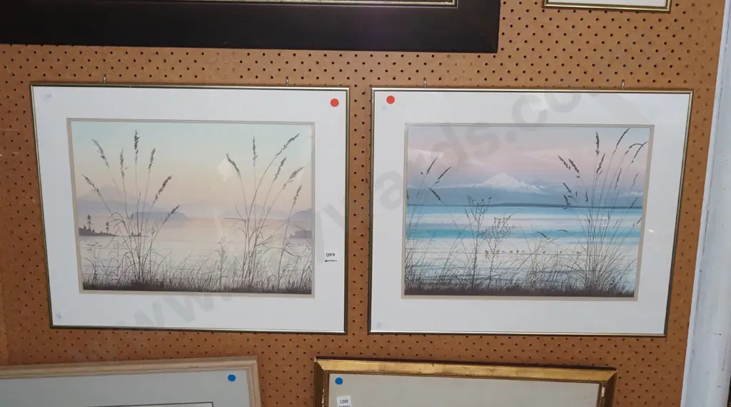2x framed prints - lake and mountain scenes - red dots Image 1++