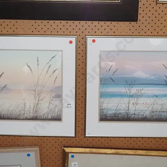 2x framed prints - lake and mountain scenes - red dots