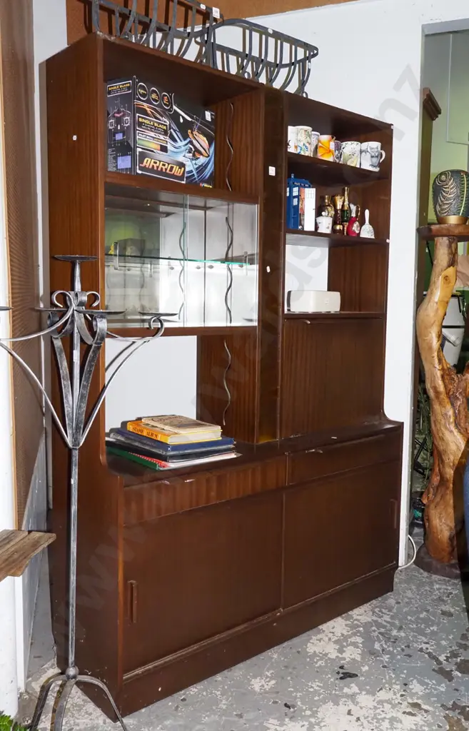 retro wall unit with glass display cabinet, liquor cabinet, pillar illuminated light, 2 solid doors Image 1++