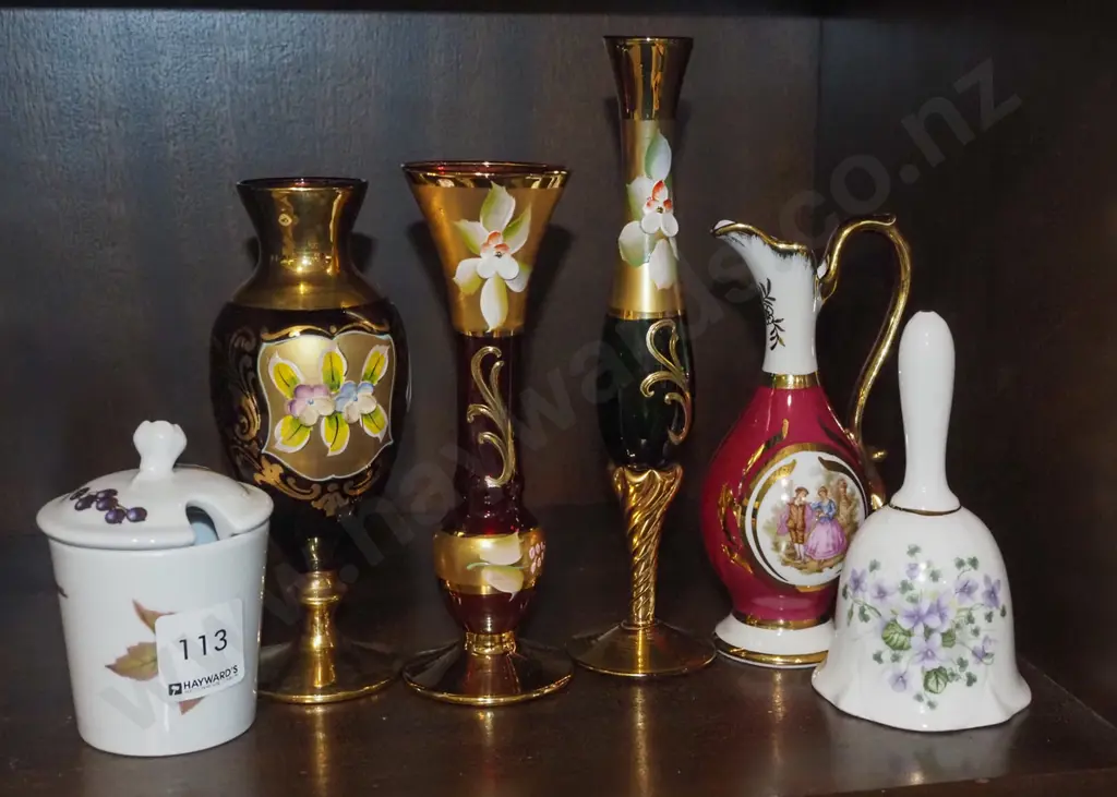 Venetian glass vases, ceramic bell, Evesham musard pot etc Image 1++