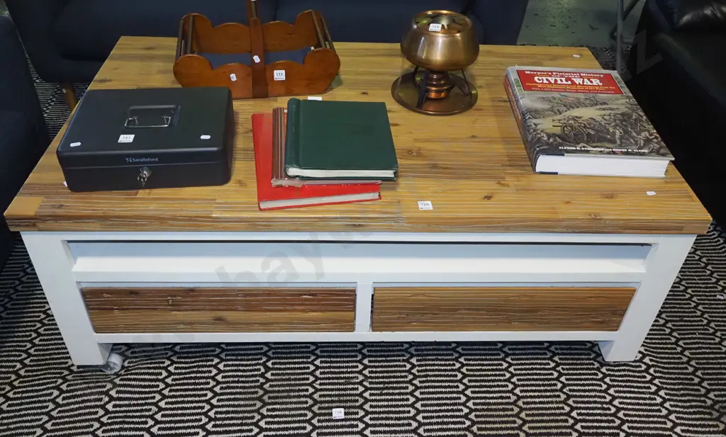 modern white painted and wood coffee table on casters H-510 W-1300 D-750 Image 1++