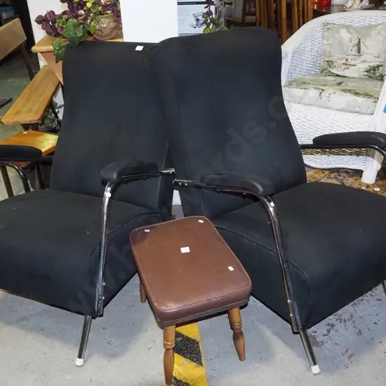 pair of deco crome and black upholstered armchairs