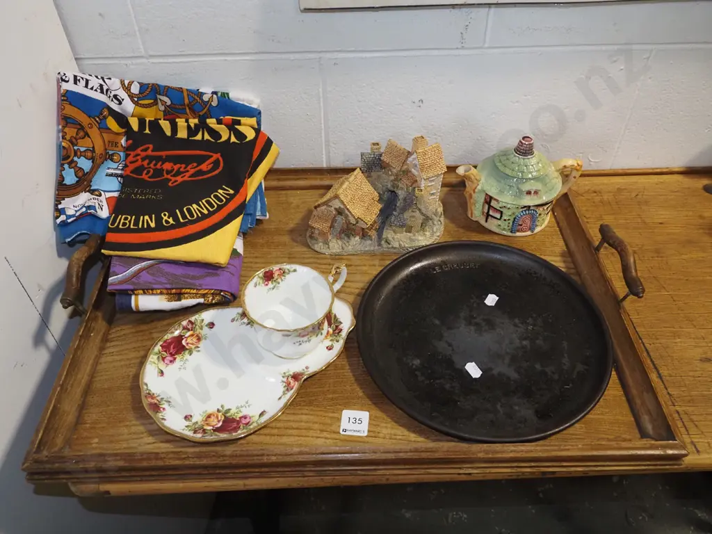 wooden tray, tea towels, tennis set, Le Creuset skillet etc Image 1++