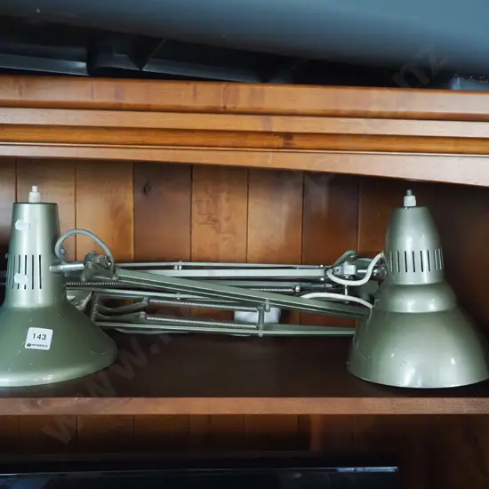 2x anglepoise bench top mounted lamps - 1 has cord cut
