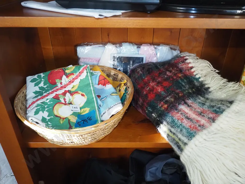 cane basket, tea towels, small mohair rug Image 1++