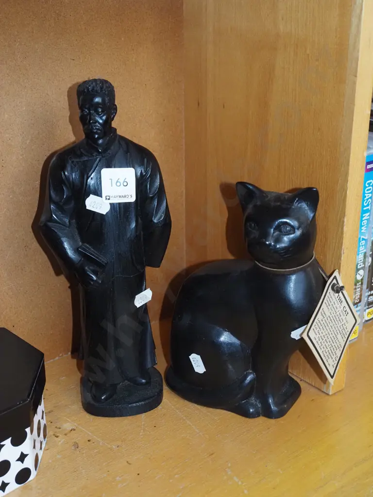 2x carved wooden figurines; cat, man with book H-280 Image 1++