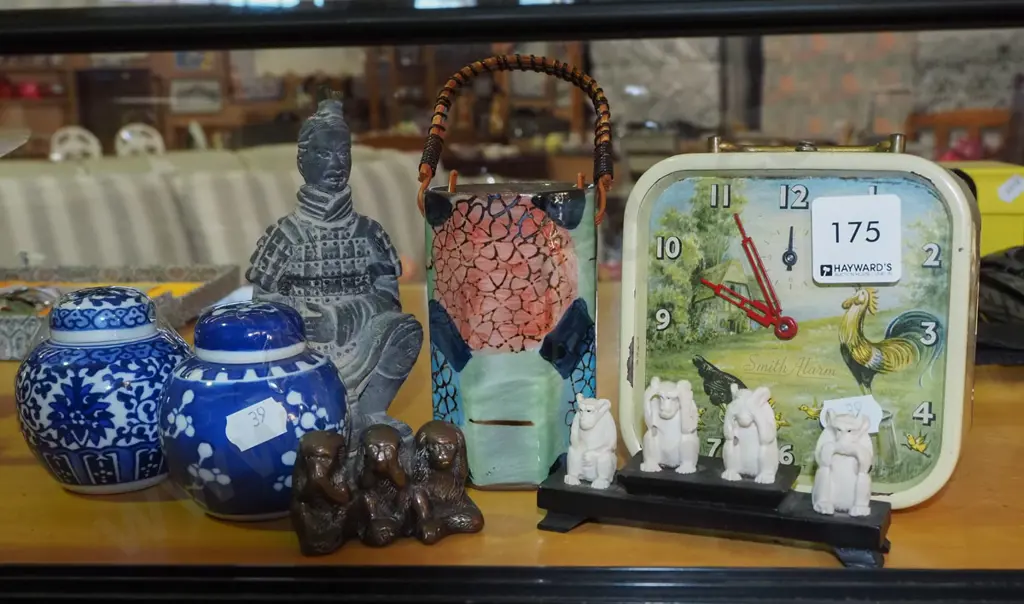 vintage Smith's bedside alarm clock, Asian figurine, monkey figurines, 2x small ginger jars etc Image 1++