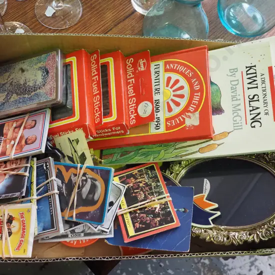 box; solid fuel sticks, antique books, 1980s collector's cards