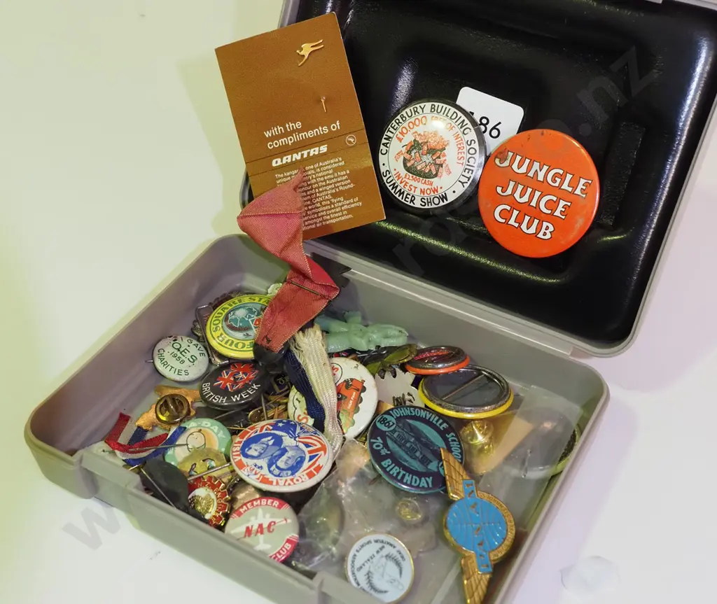 small plastic lidded box of various badges Image 1++