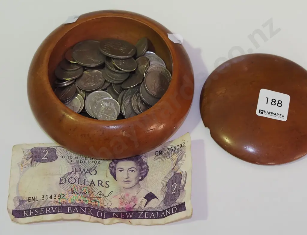 turned wooden trinket box; notes, coins Image 1++