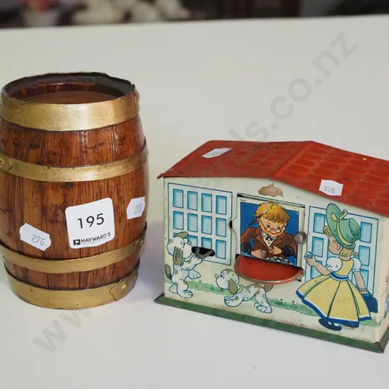 vintage tin money box, small wooden barrel H-120
