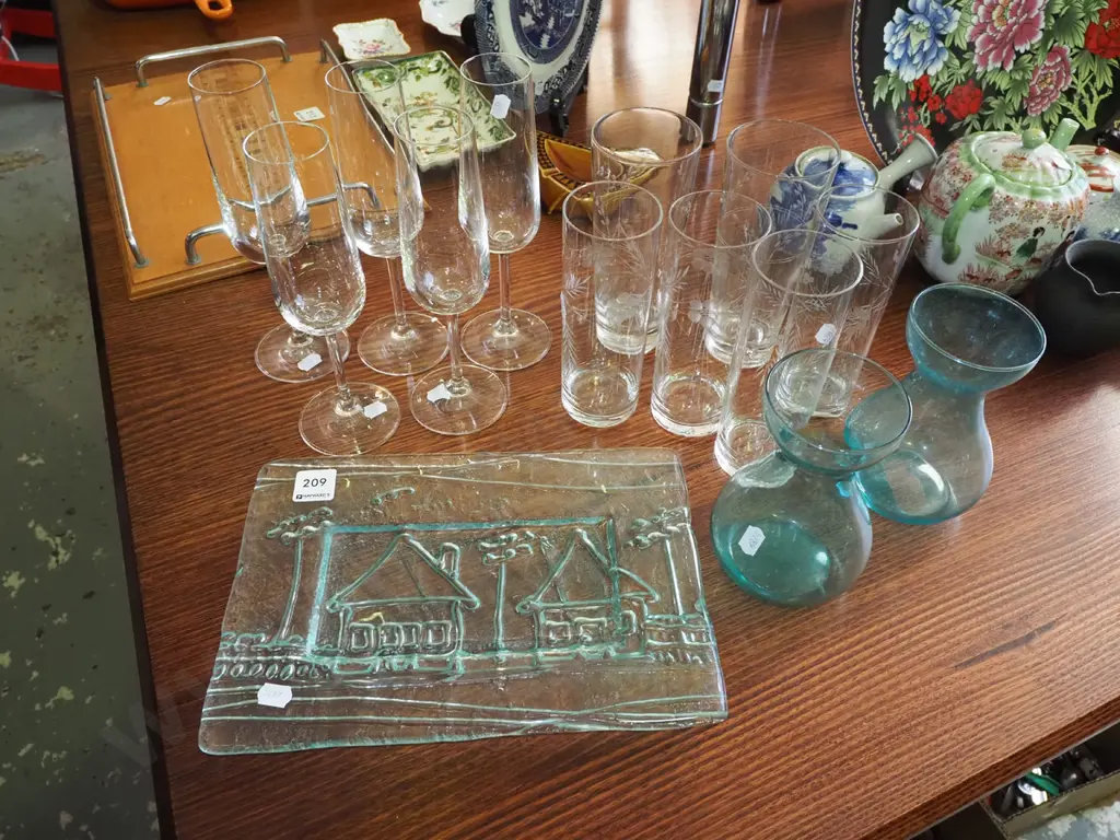 pressed glass serving platter, blue glass veses, etched tumblers, 5x wine glasses Image 1++