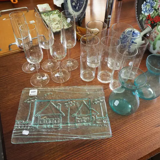 pressed glass serving platter, blue glass veses, etched tumblers, 5x wine glasses