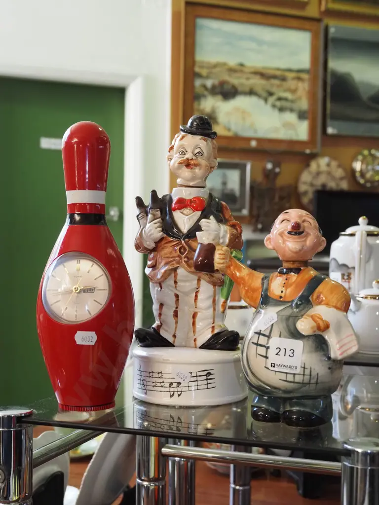 musical decanter, bowling pin clock, figural decanter Image 1++