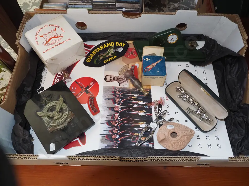 box; Pakistan Airforce plaque, desk top set, Jaguar hood ornament, spinning top etc Image 1++