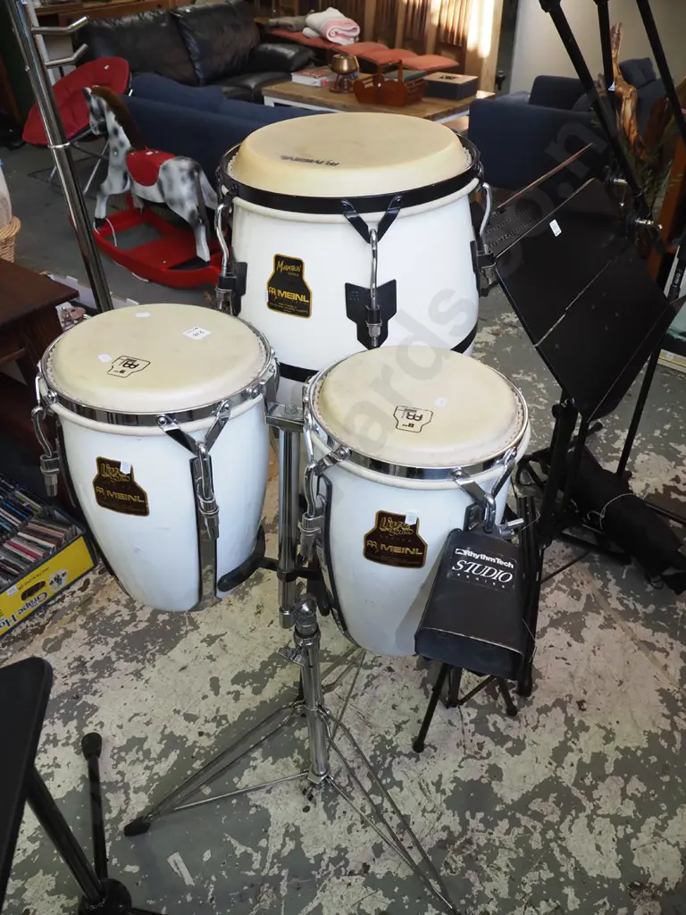 3x Meinl fibreglass conga drums with Rhythm Tech cow bell Image 1++
