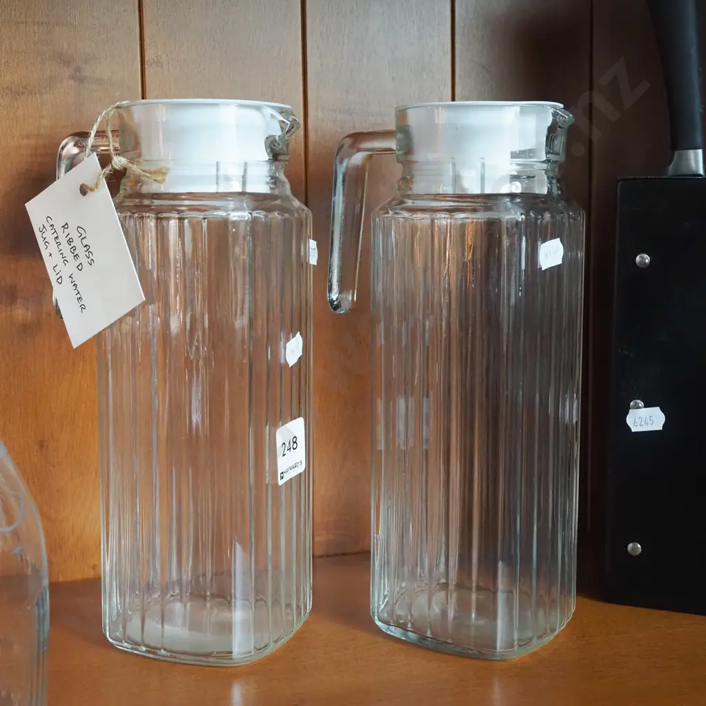 2x ribbed glass water jugs Image 1++