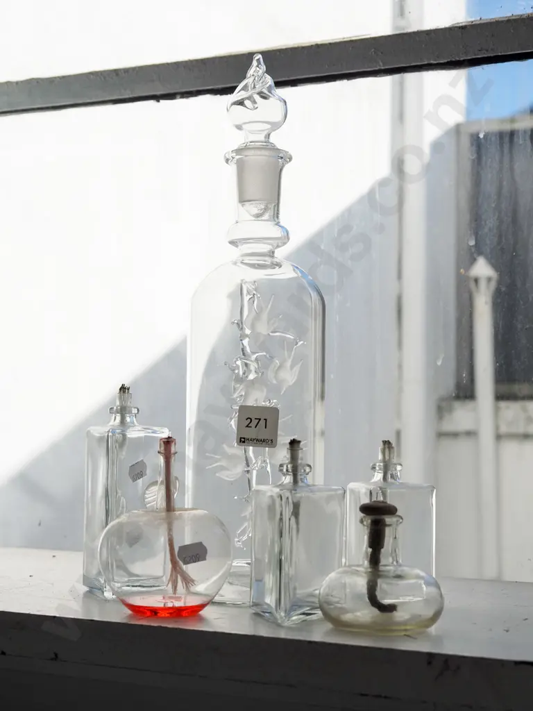glass stoppered bottle with ornamental birds and tree inside, 5x candlewick lanterns Image 1++