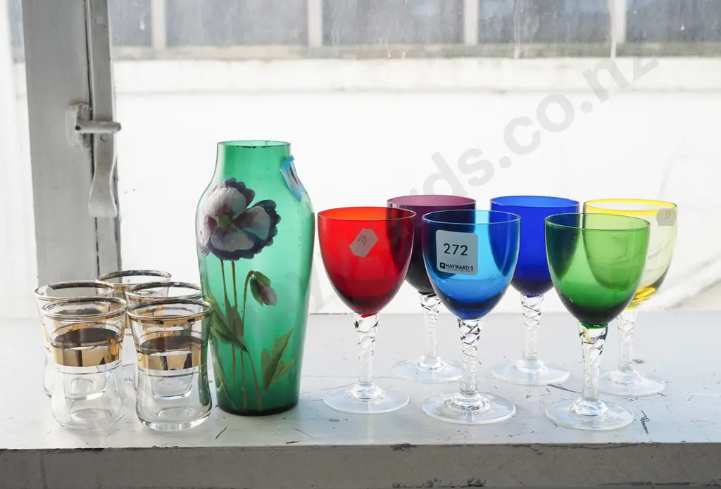 small coloured glass bottles, 5x shot vases, green glass vase- chip H-160 Image 1++