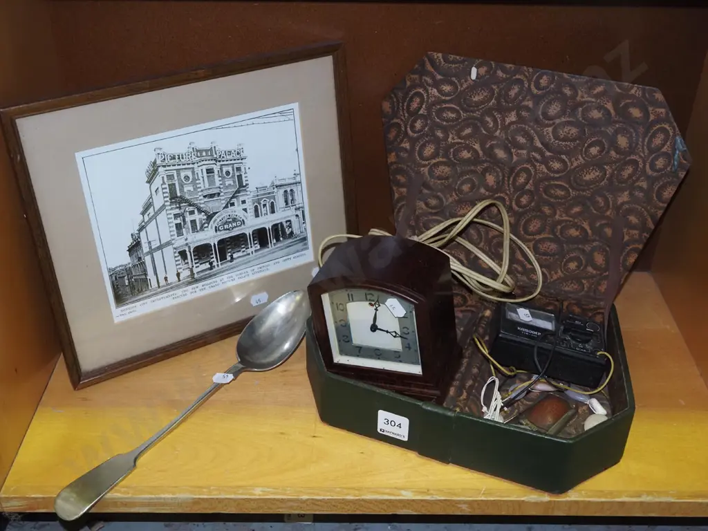 shelf; large serving spoon, reproduction Dunedin photo, small clock, volt tester etc Image 1++