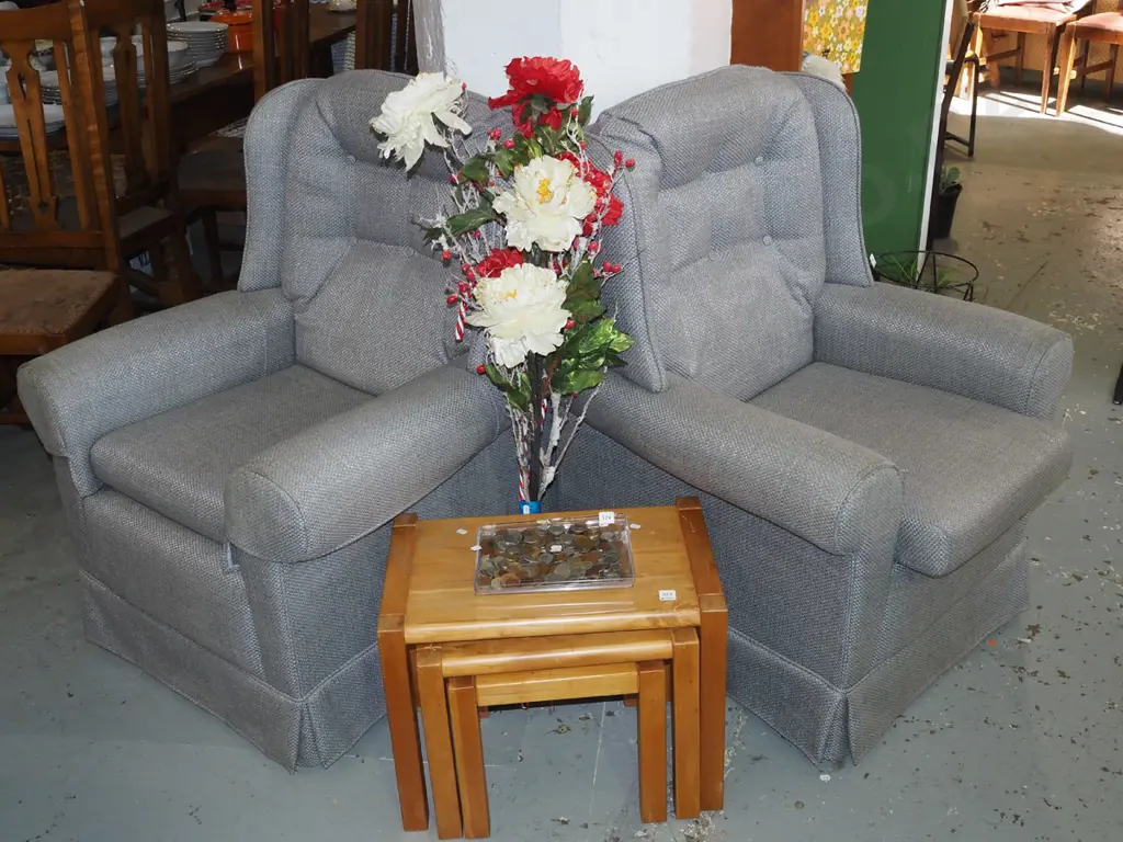 pair of wingback grey deep buttoned fireside chairs Image 1++