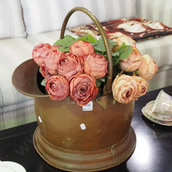 copper coal scuttle, faux flowers