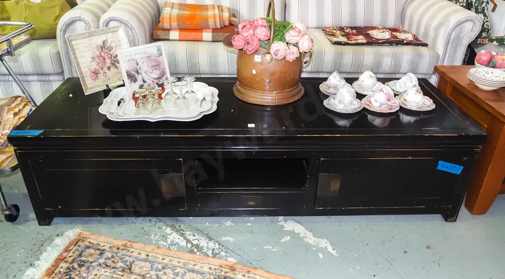long Asian dark stained sideboard/entertainment unit, 2 doors, 1 drawer  H-460 W-1800 D-580 Image 1++