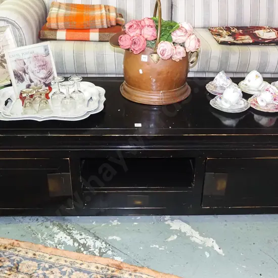 long Asian dark stained sideboard/entertainment unit, 2 doors, 1 drawer  H-460 W-1800 D-580