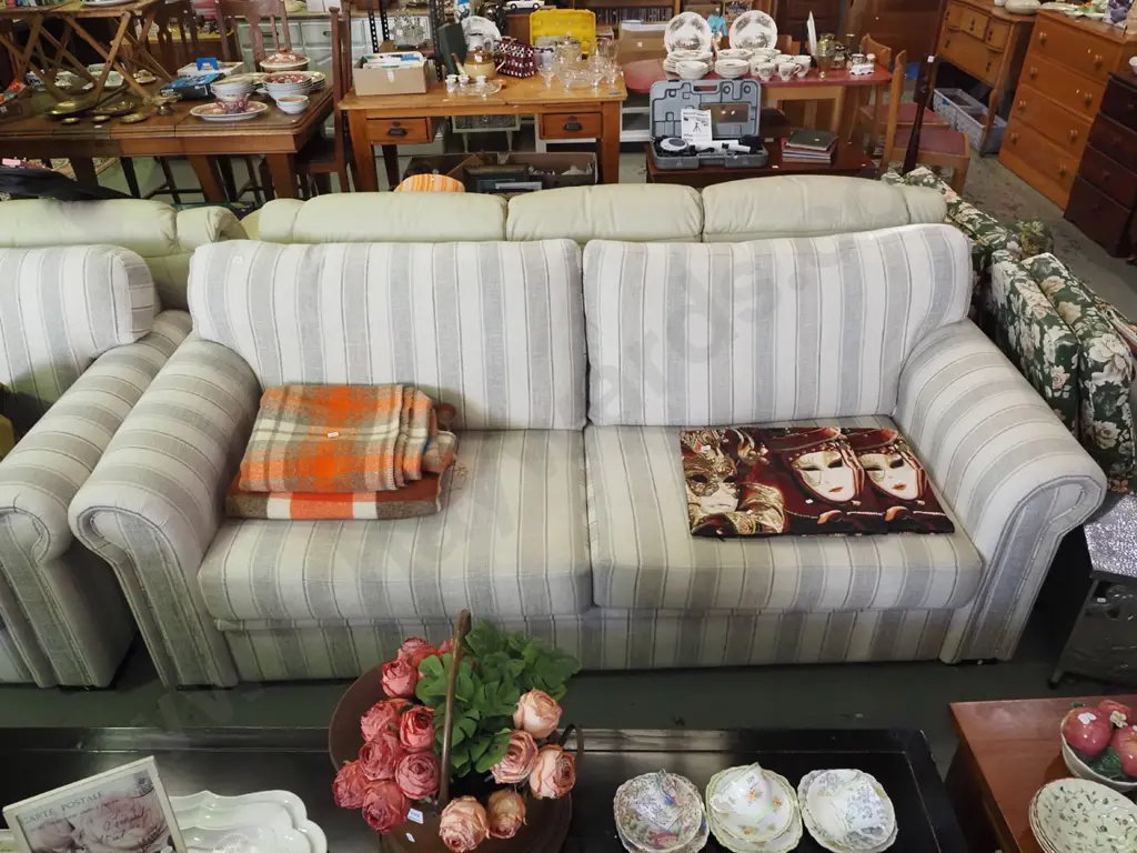 2 piece brown and cream uphostered roll arm lounge suite - 3 seater, 2 seater Image 1++