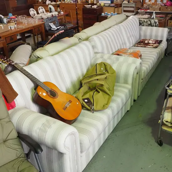 2 piece brown and cream uphostered roll arm lounge suite - 3 seater, 2 seater