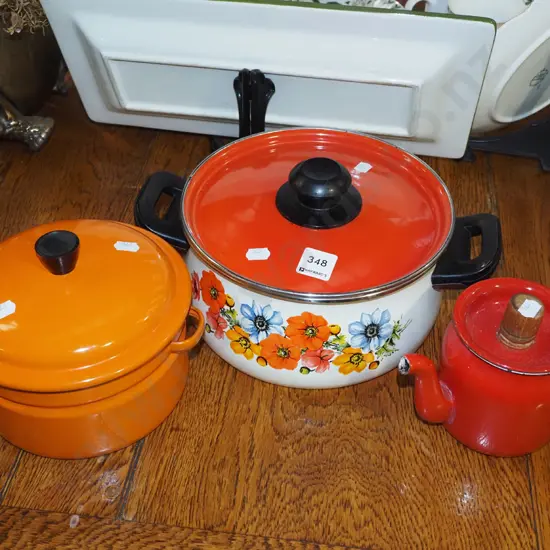 2x retro enamel lidded casseroles, 1x small teapot