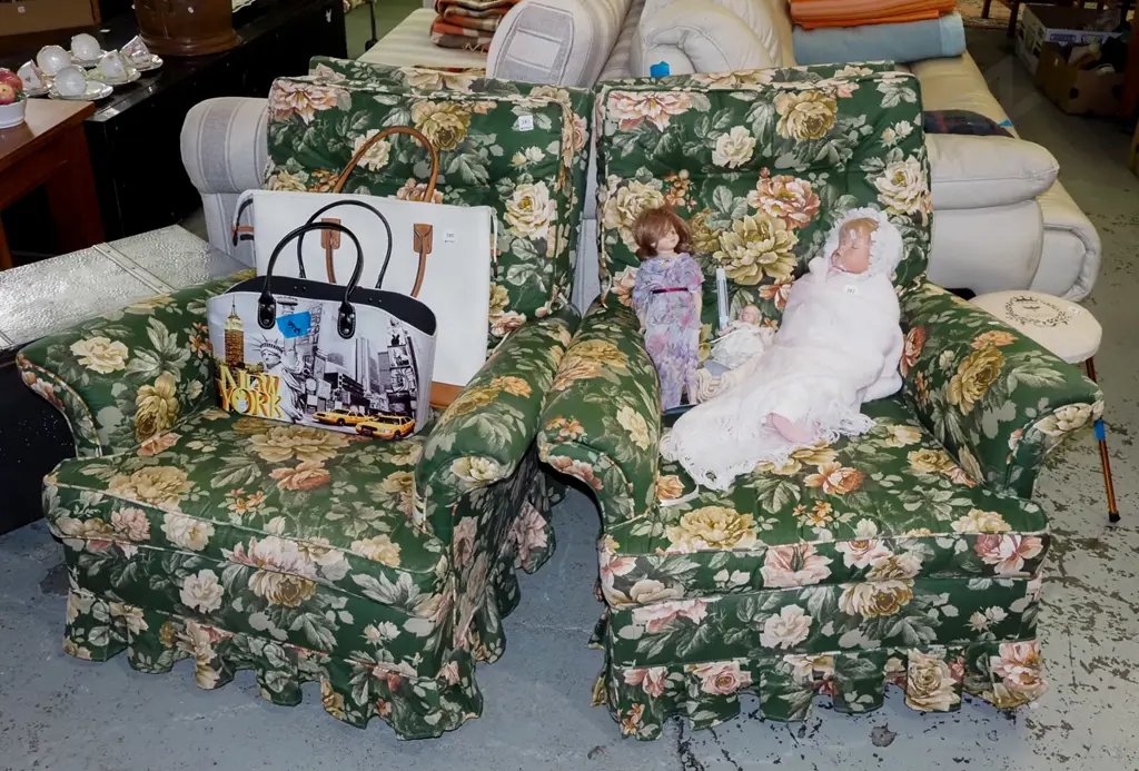 2x green floral deep buttoned armchairs Image 1++