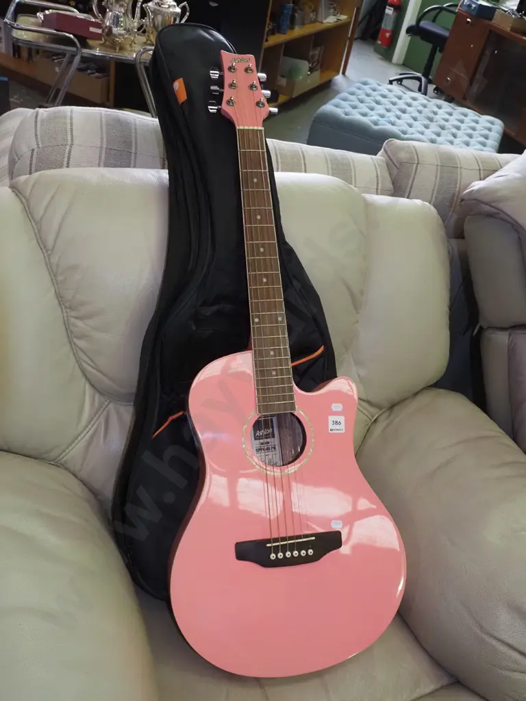 pink Ashton acoustic guitar and soft carry case Image 1++