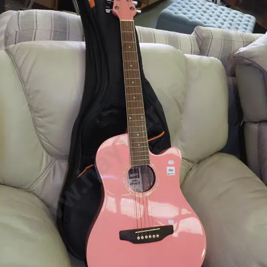 pink Ashton acoustic guitar and soft carry case