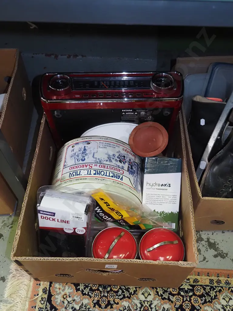 box; light shades, tins, storage canisters, tins, Mustang radio - American plug etc Image 1++