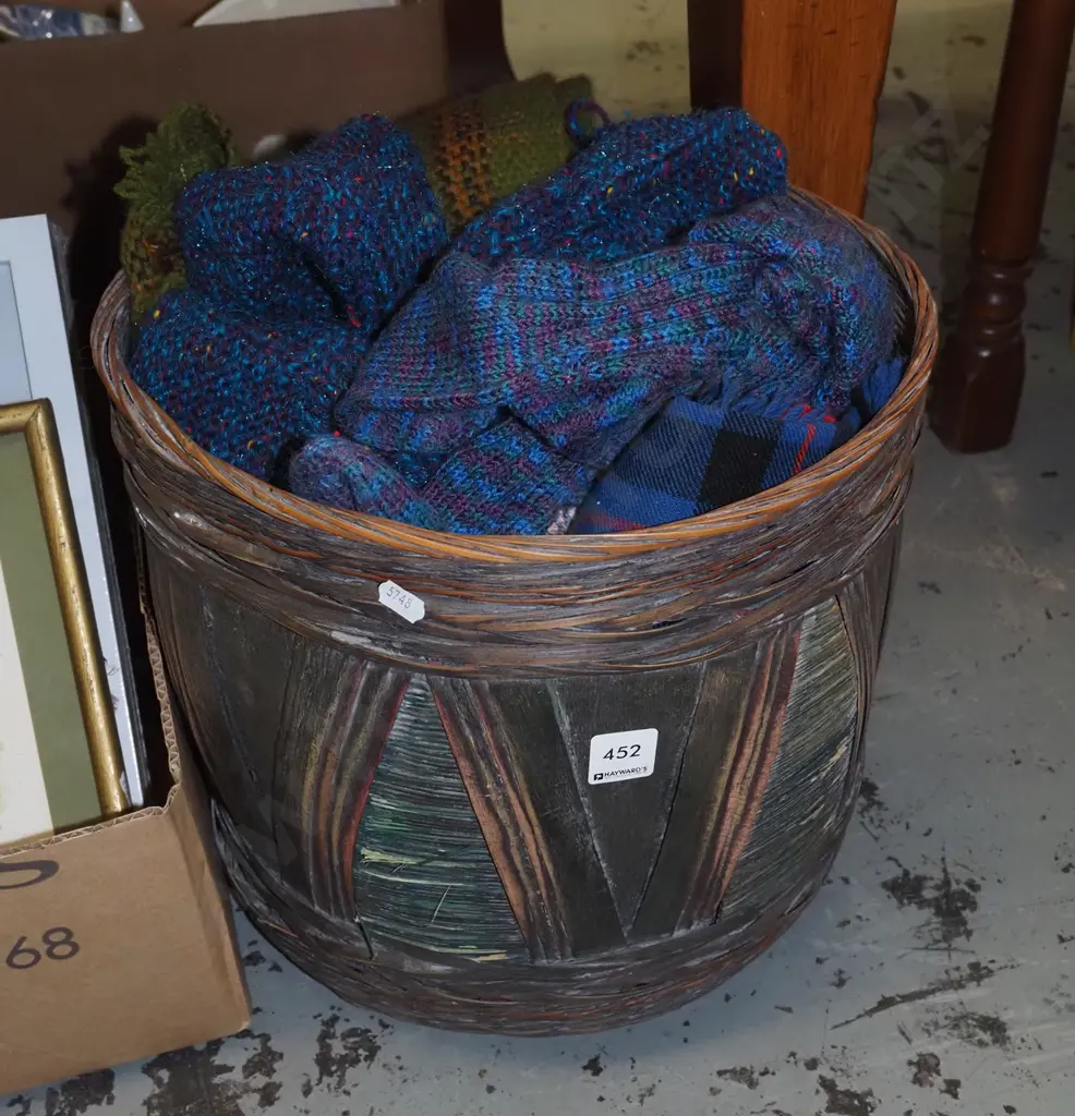 cane basket; woollen gloves, socks, scarves etc Image 1++