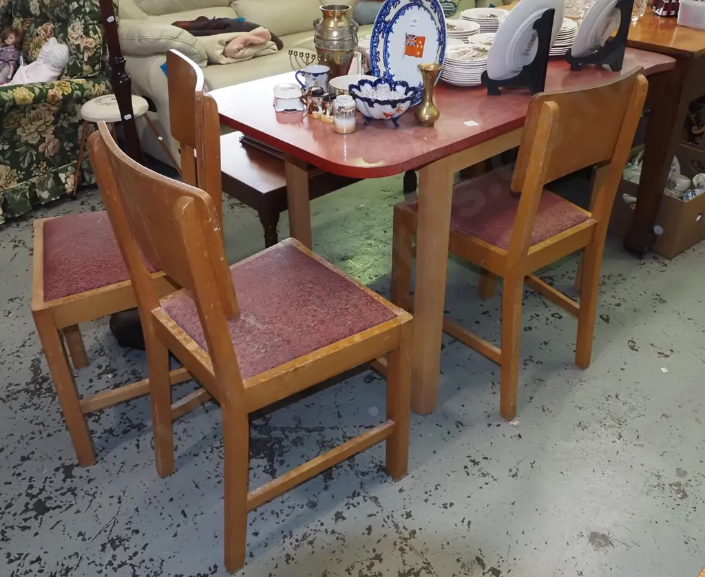 formica and rimu drop side extending dining table with 4 matching chairs - formica worn and faded Image 1++