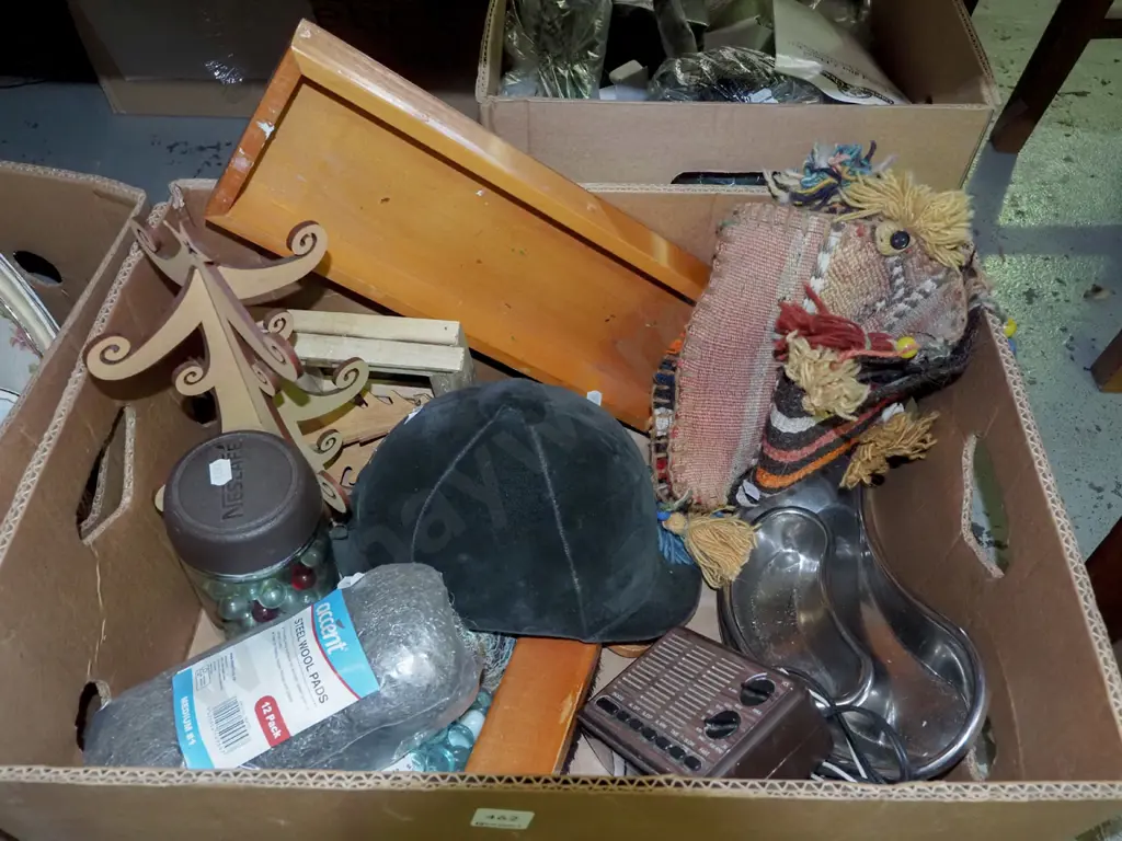 box; equestrian helmet, steel wool, trays, paua shell etc Image 1++