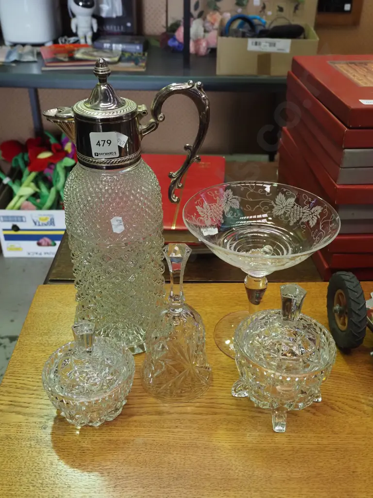 moulded glass and plated claret jug, glass bell - no donger, cover pots etc Image 1++