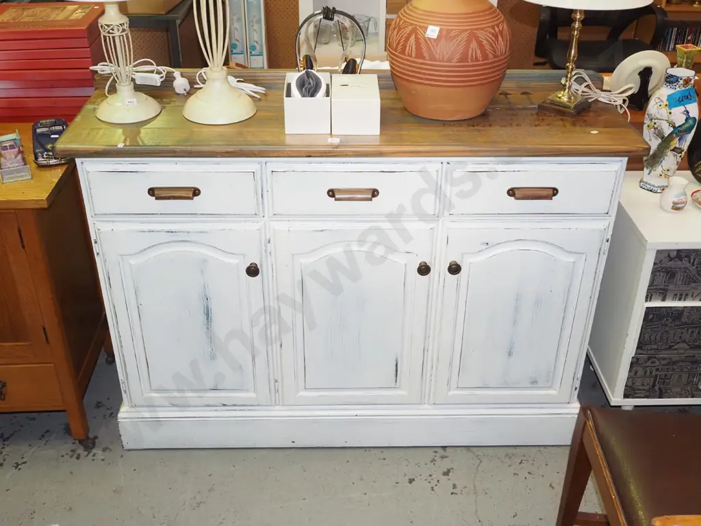 wooden distressed painted 3 door 3 drawer sideboard H-940 W-1300 D-400 Image 1++