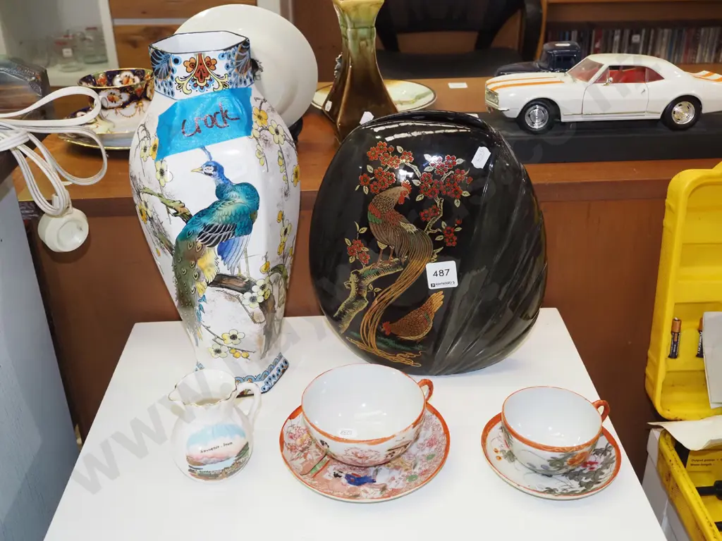 Asian cup, saucer, small Queenstown creamer, 2x vases Tallest H-320 (has crack) Image 1++