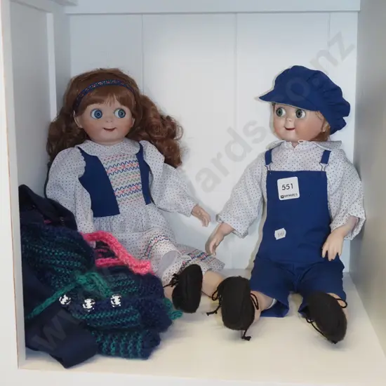 2x porcelain dolls and clothes