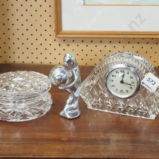 cut crystal bedside clock, cover pot, small millenium sculpture